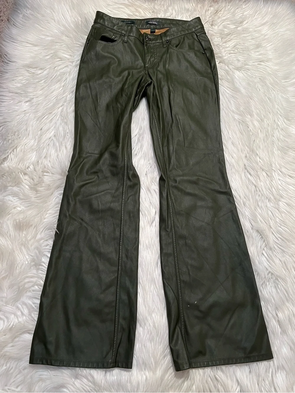 Wild Fable Women's Size 2 Low-Rise Flare Pant Olive Green Vegan Leather Pockets